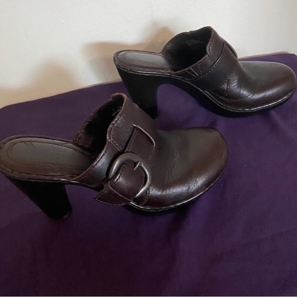 Born Brown Buckle Heel Mules